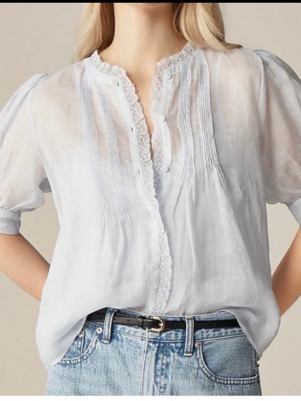 J. Crew Pale Blue Lace-Trim Pintuck Short-Sleeved Blouse